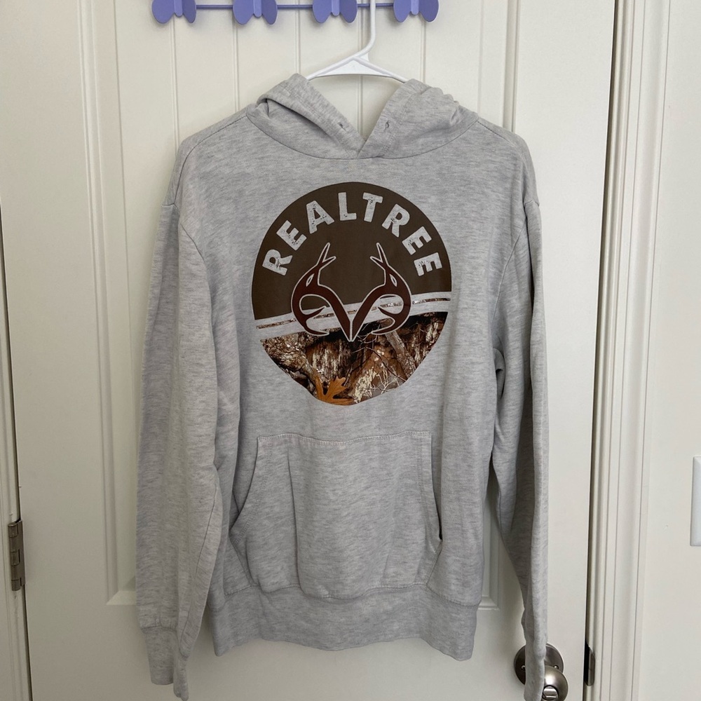 REALTREE men’s gray‎ logo decal thin pocket pullover hoodie sweatshirt medium